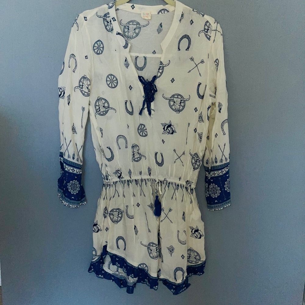 Surf Gypsy Western Graphic Romper Beach Cover Up Blue White Size M A2589